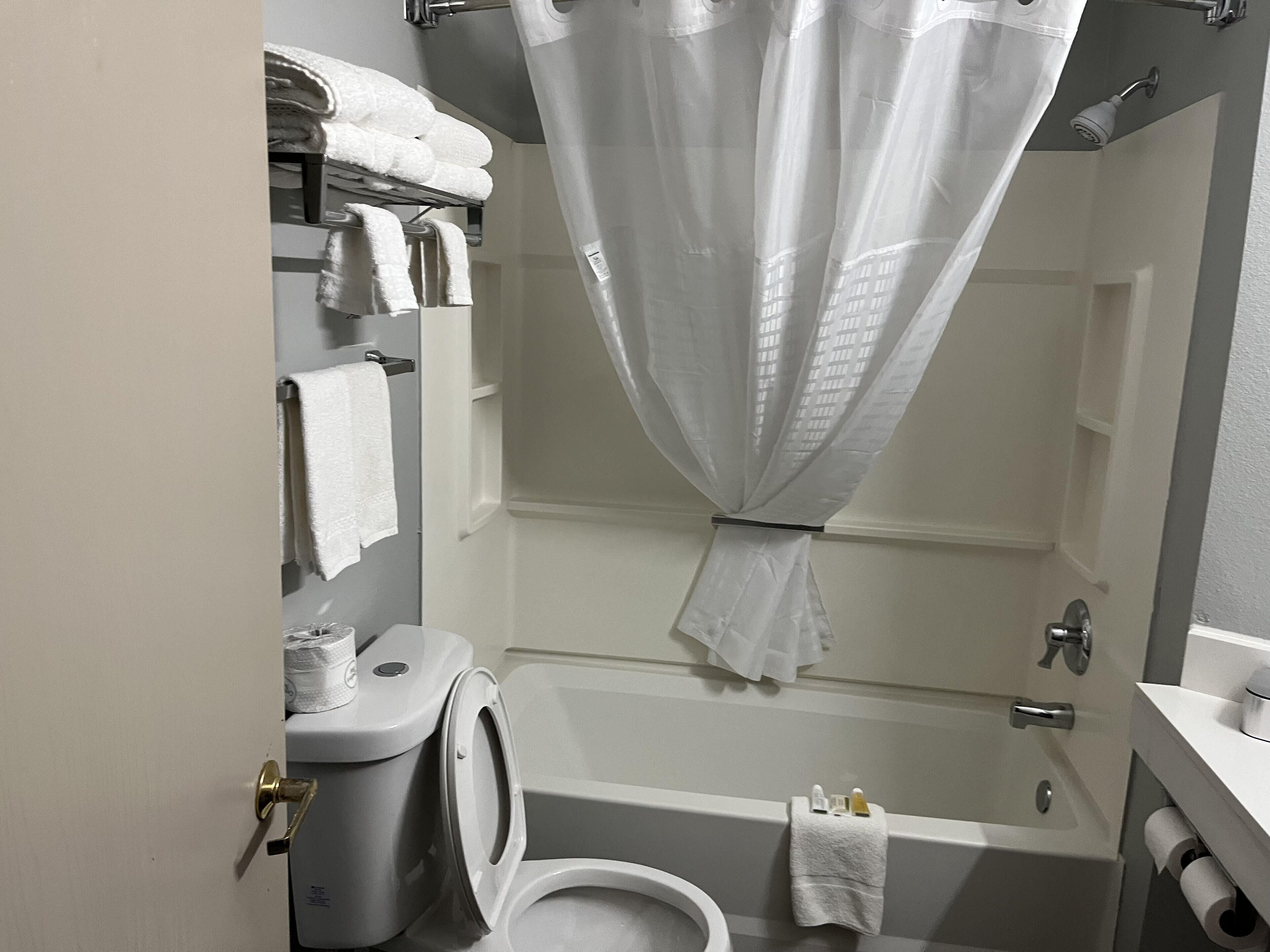 Ein Badezimmer mit Toilette, Badewanne und Duschvorhang.