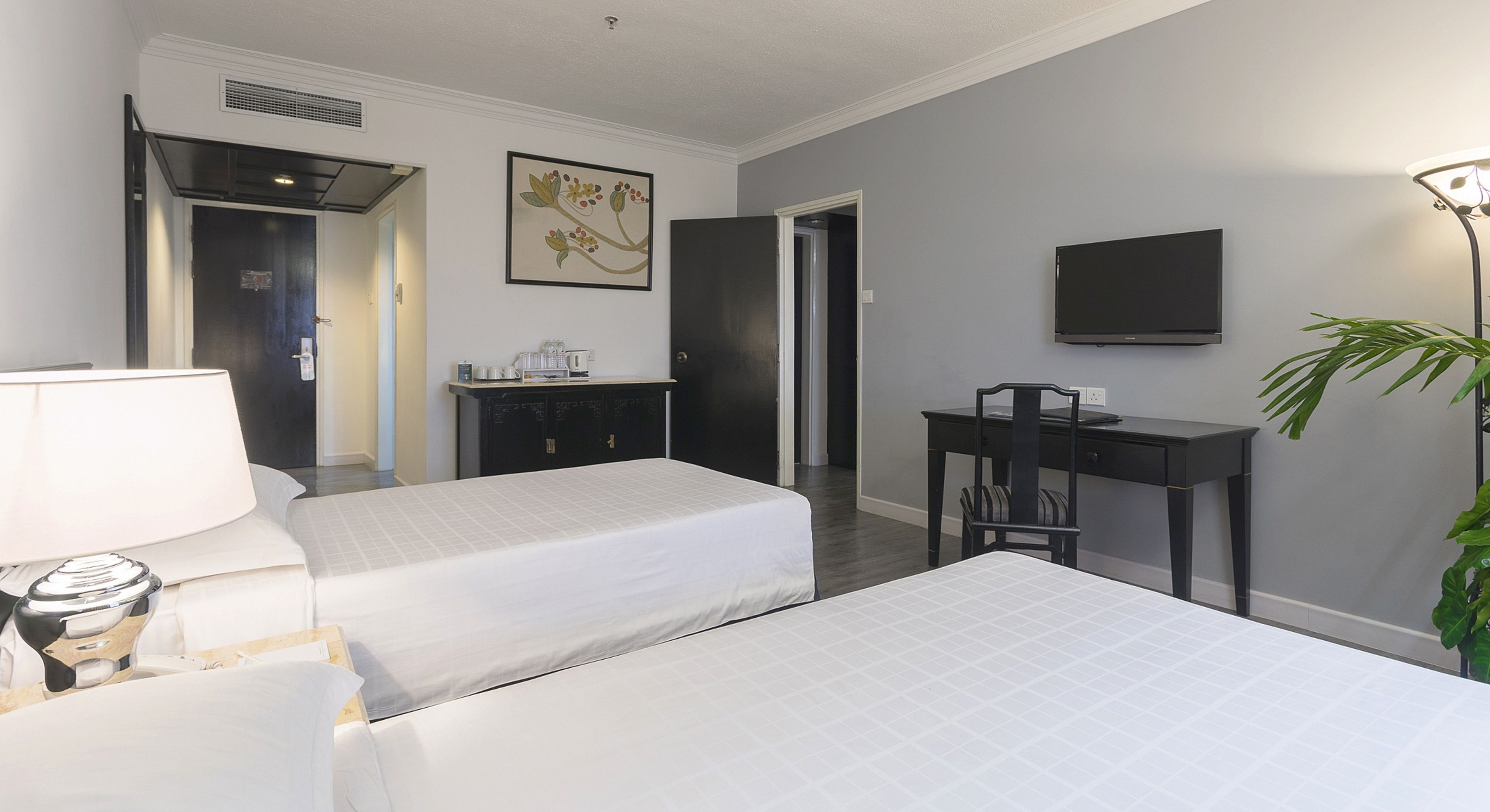 A hotel room with two beds, a desk, a chair, a TV, and a plant.
