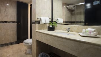 Une salle de bain avec des toilettes, un lavabo et un miroir.
