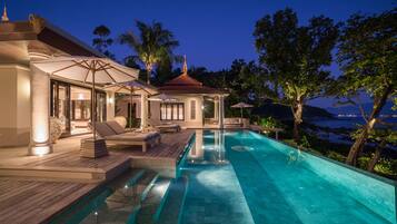 Outdoor pool, pool umbrellas, pool loungers