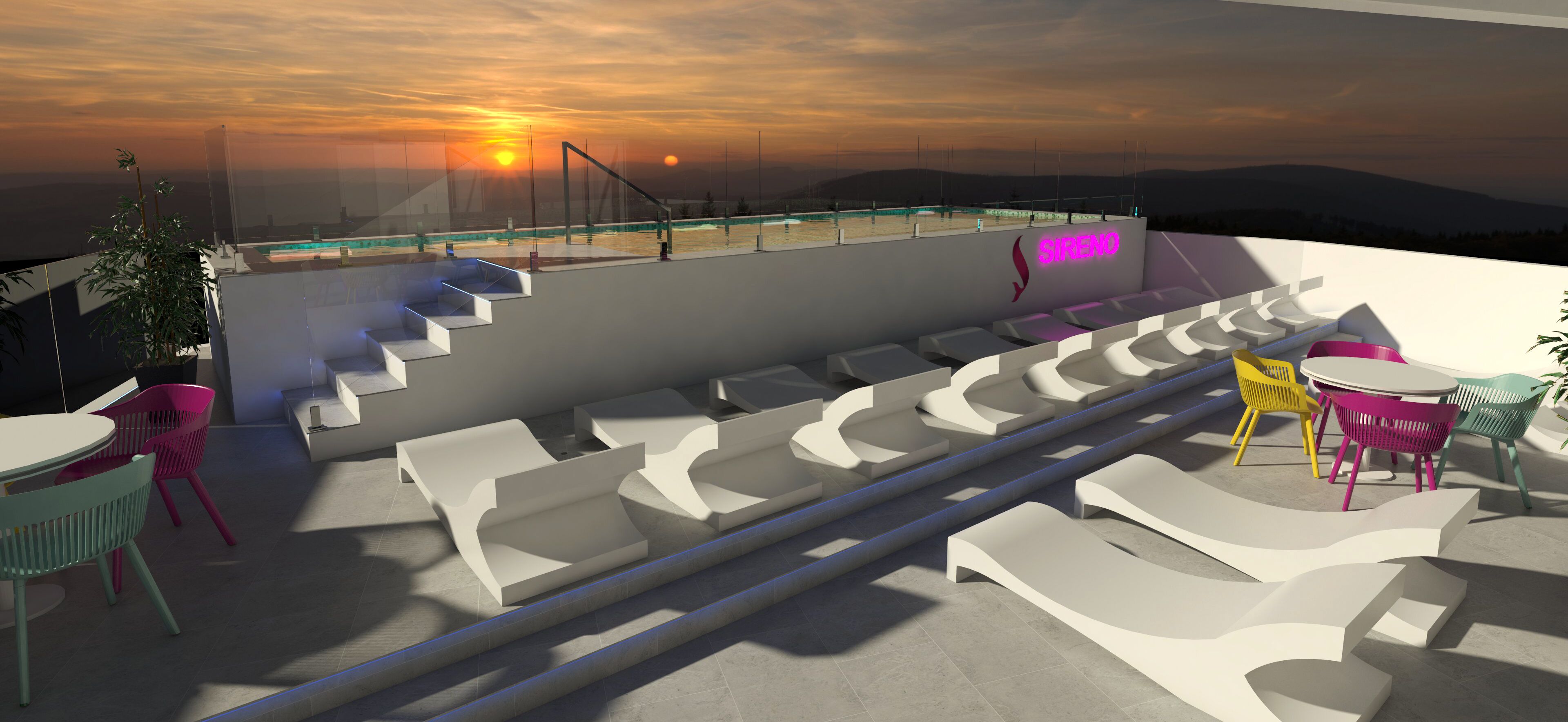 Piscine extérieure, chaises longues