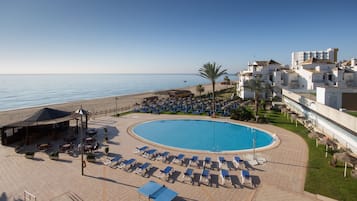 Outdoor pool, pool umbrellas, pool loungers