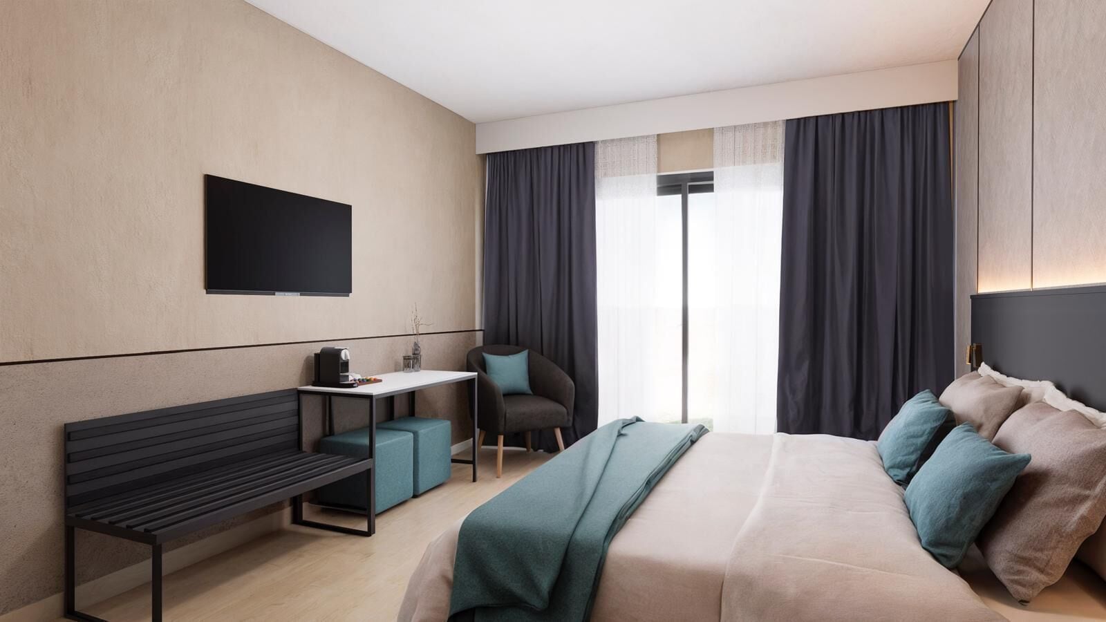 A modern hotel room with a bed, a desk, a chair, and a bench.