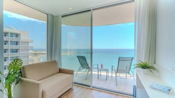 Sea View Double Room Grand Corner Terrace (2 Adults) | Down comforters, in-room safe, desk, laptop workspace