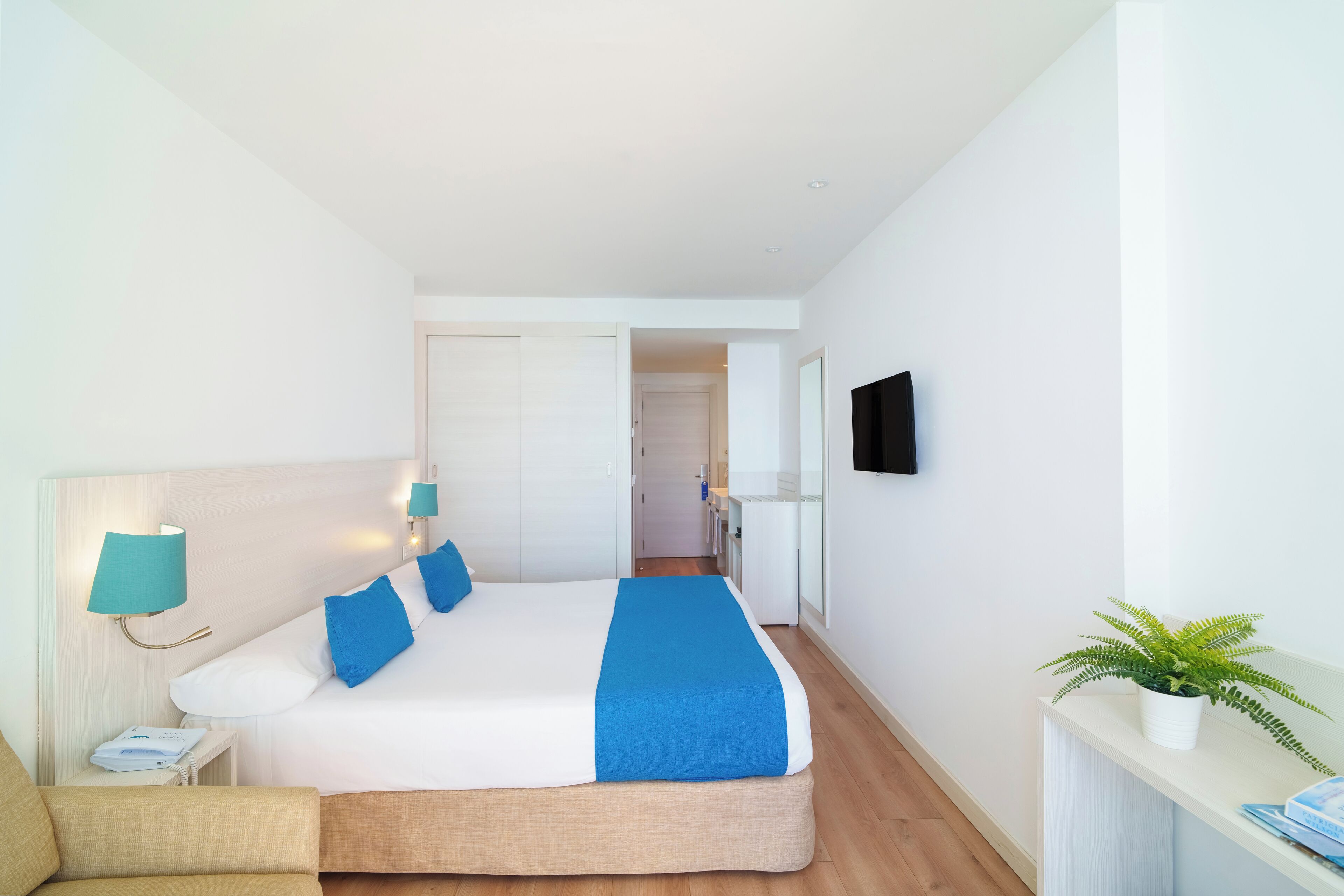 A modern hotel room with a large bed, a bedside table with a lamp, a chair, a TV, and a potted plant.
