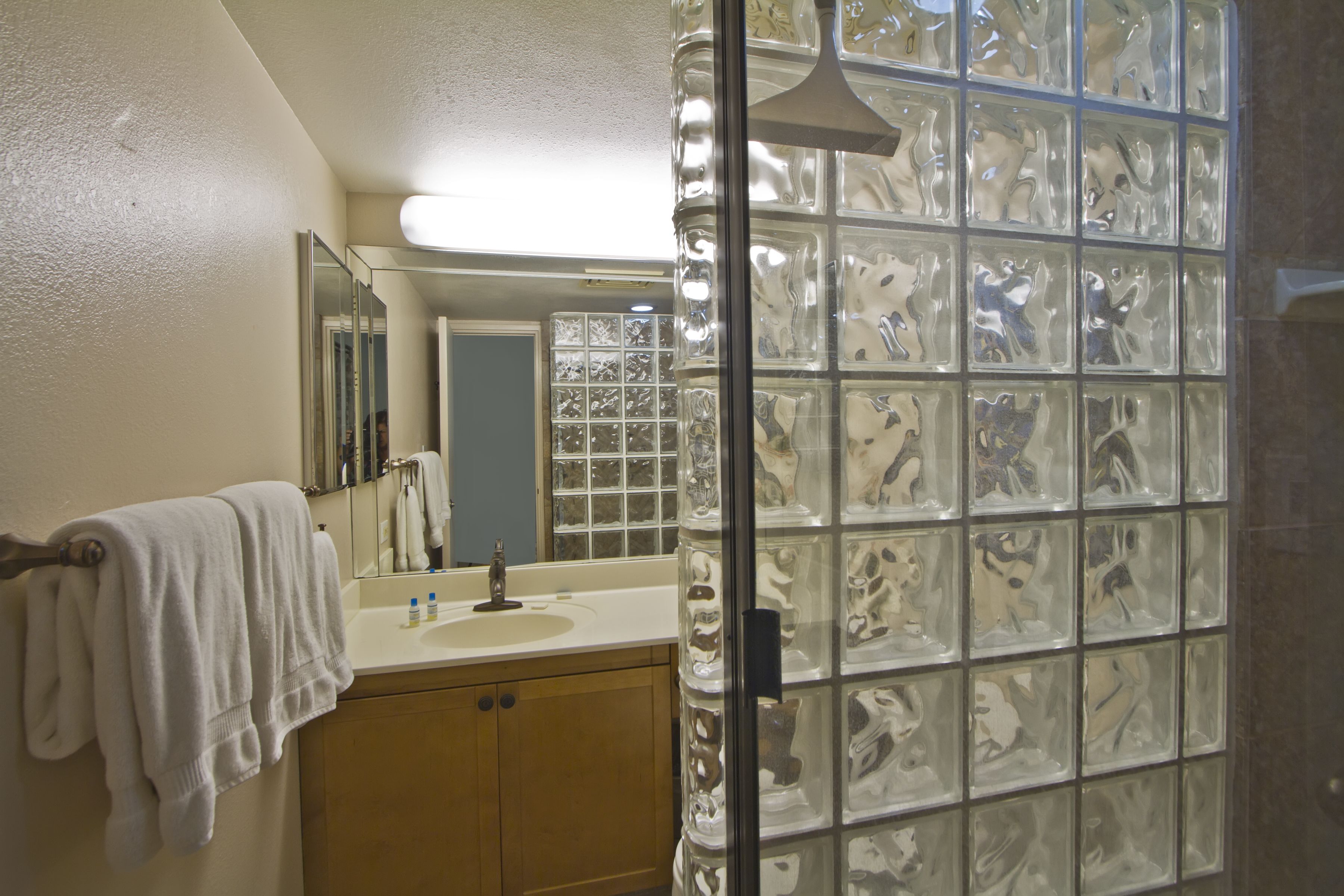 Une salle de bain avec une douche à parois de verre, un lavabo et un miroir.