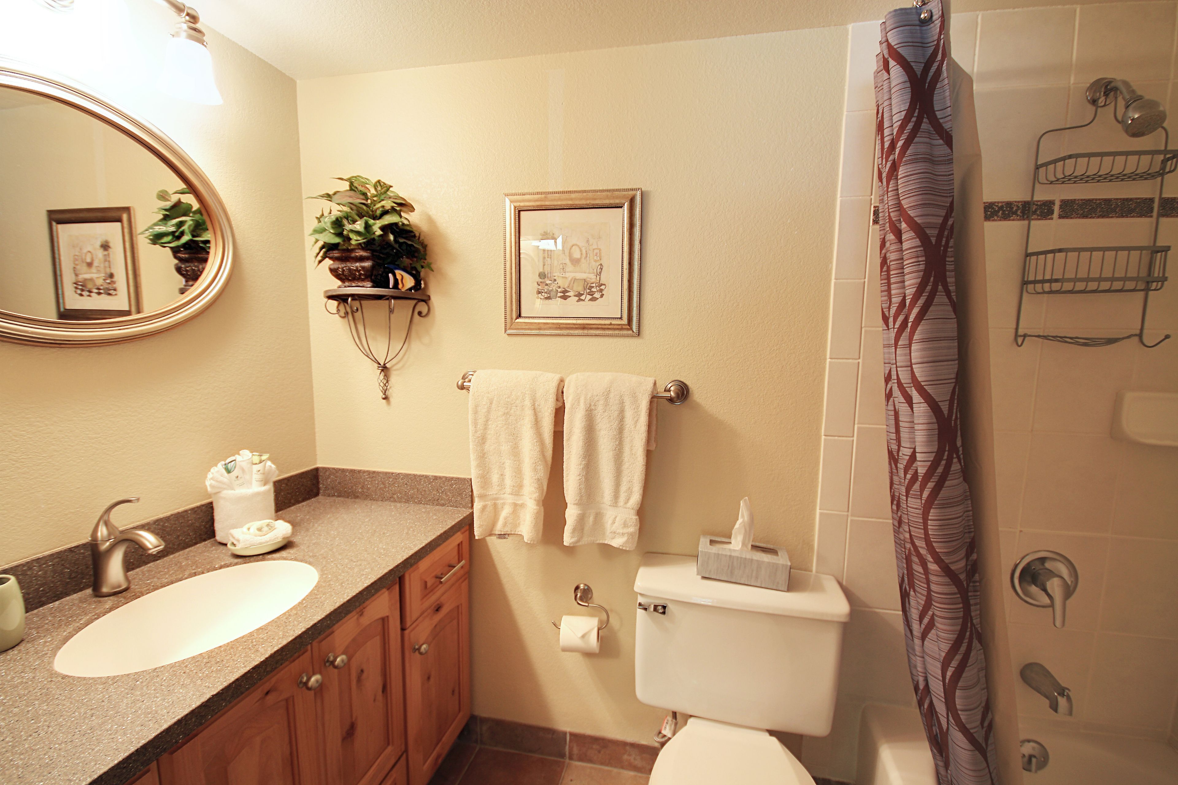 Ein Badezimmer mit Waschbecken, Toilette und Dusche. Handtücher hängen an der Wand, ein gerahmtes Bild und ein Blumentopf sind vorhanden.