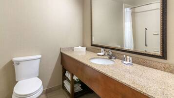 A bathroom with a toilet, sink, and large mirror.