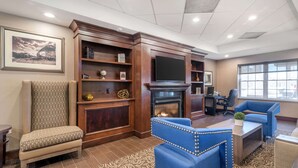Een goed verlichte woonkamer met een open haard, blauwe fauteuils, een bank, een boekenkast en een flatscreen televisie.