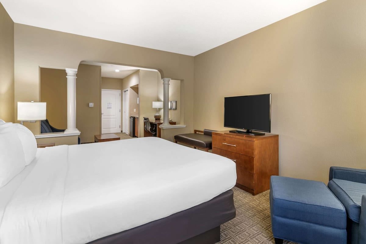 A hotel room with a large bed, a desk with a flat-screen TV, a chair, and a sofa.