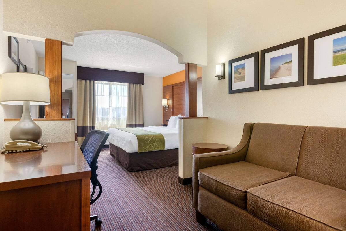 Une chambre d’hôtel avec un lit, un bureau doté d’une lampe, un canapé et des tableaux encadrés accrochés au mur.