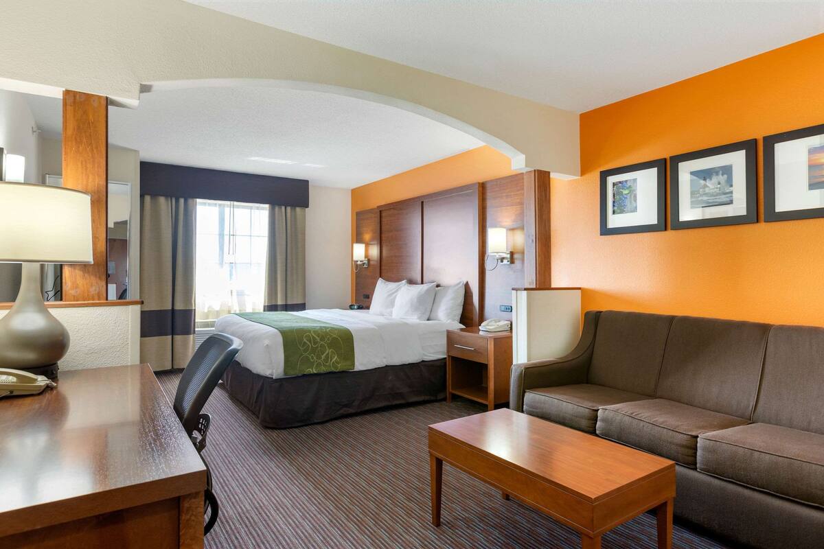 Une chambre d’hôtel avec un lit, un canapé, un bureau et une lampe.