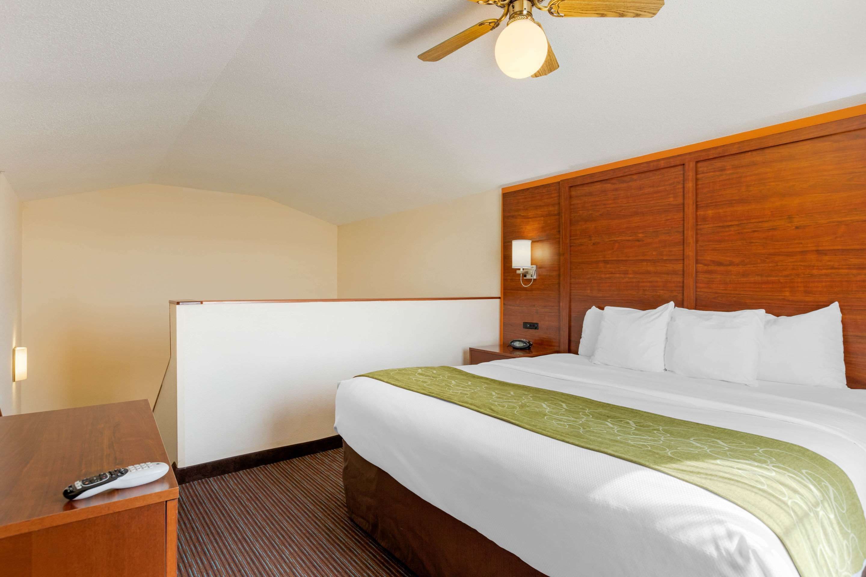 A hotel room with a bed, a desk, a nightstand, a wall-mounted lamp, and a ceiling fan.