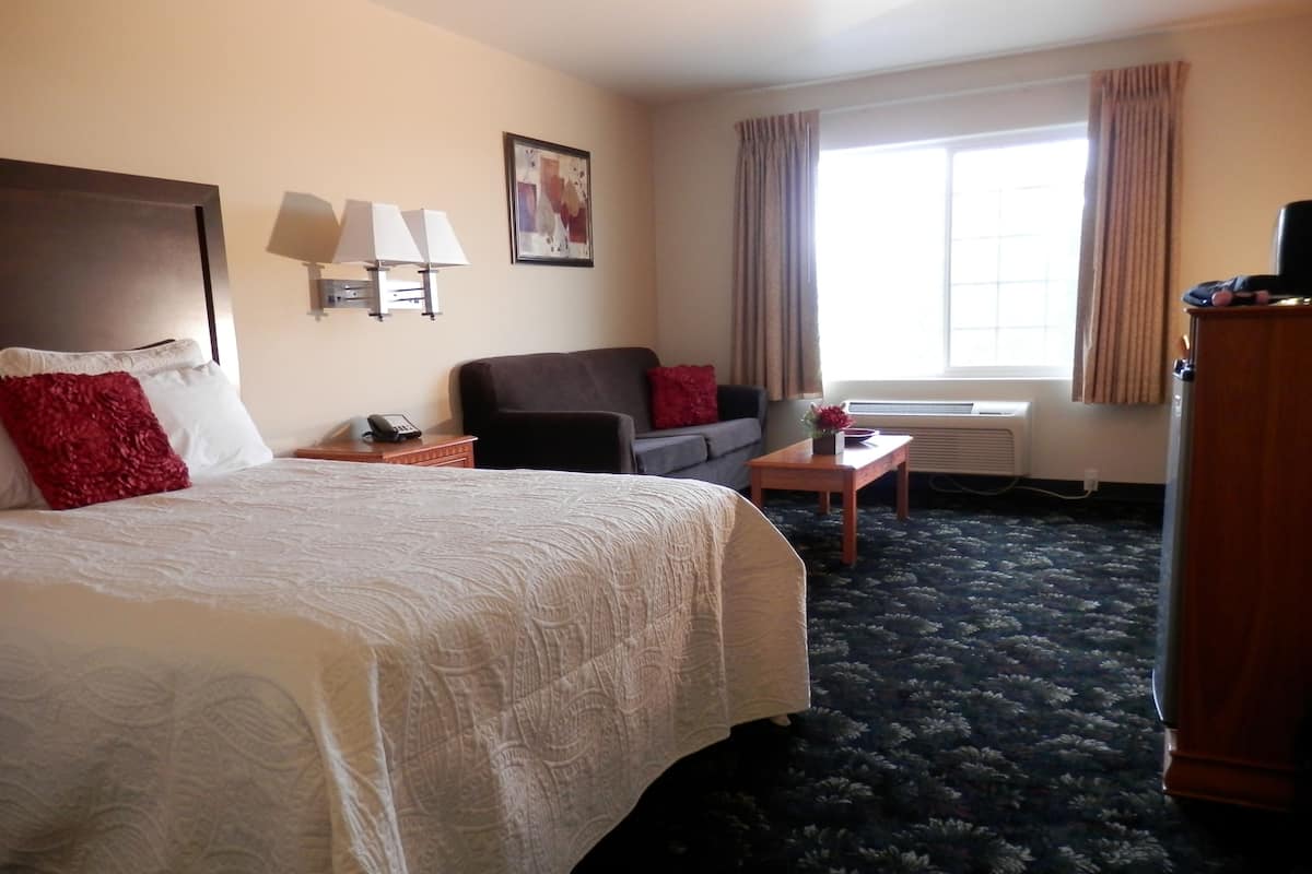 Quarto de hotel com uma cama grande, um sofá, uma mesinha e uma janela com cortinas.