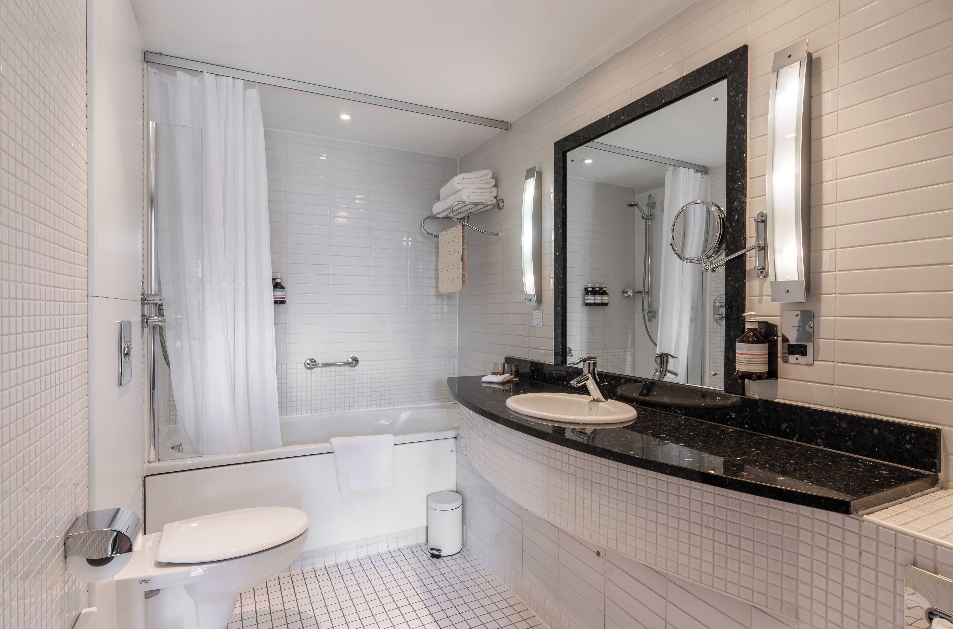 classic double double | bathroom | designer toiletries, hair dryer, towels, soap
