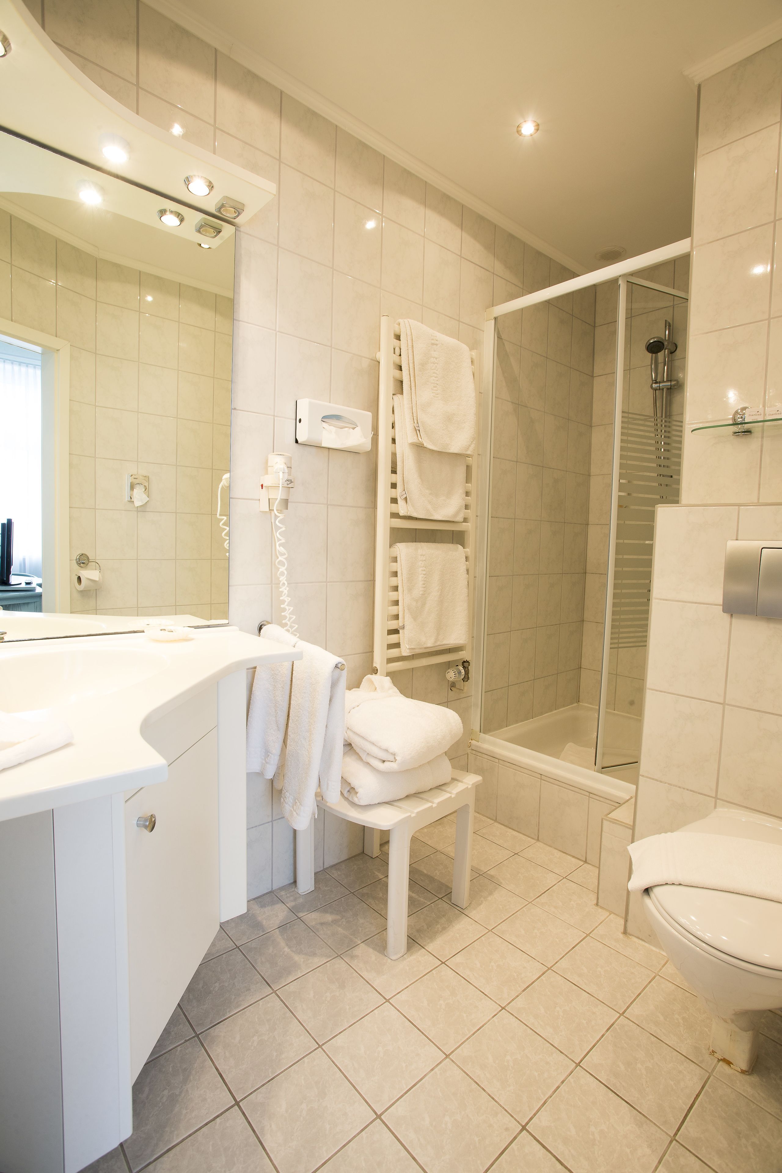 A modern bathroom with a shower, toilet, and sink.