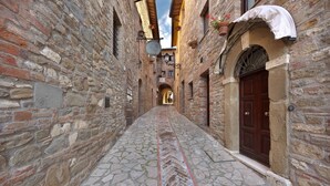 Un estrecho callejón empedrado con patrón de espiga, flanqueado por edificios con paredes de piedra y puertas de madera.