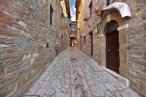 Un estrecho callejón empedrado con patrón de espiga, flanqueado por edificios con paredes de piedra y puertas de madera.