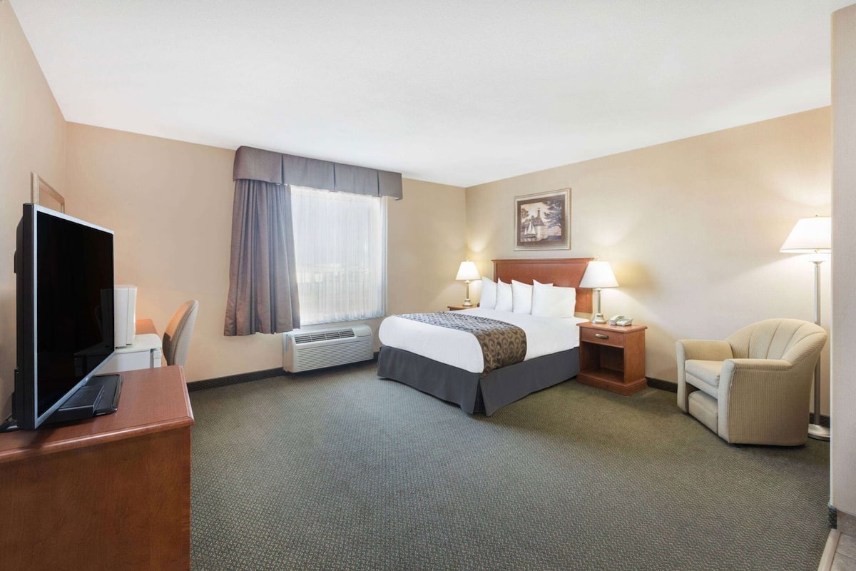 Quarto de hotel com cama, escrivaninha, televisão e duas luminárias de cabeceira.