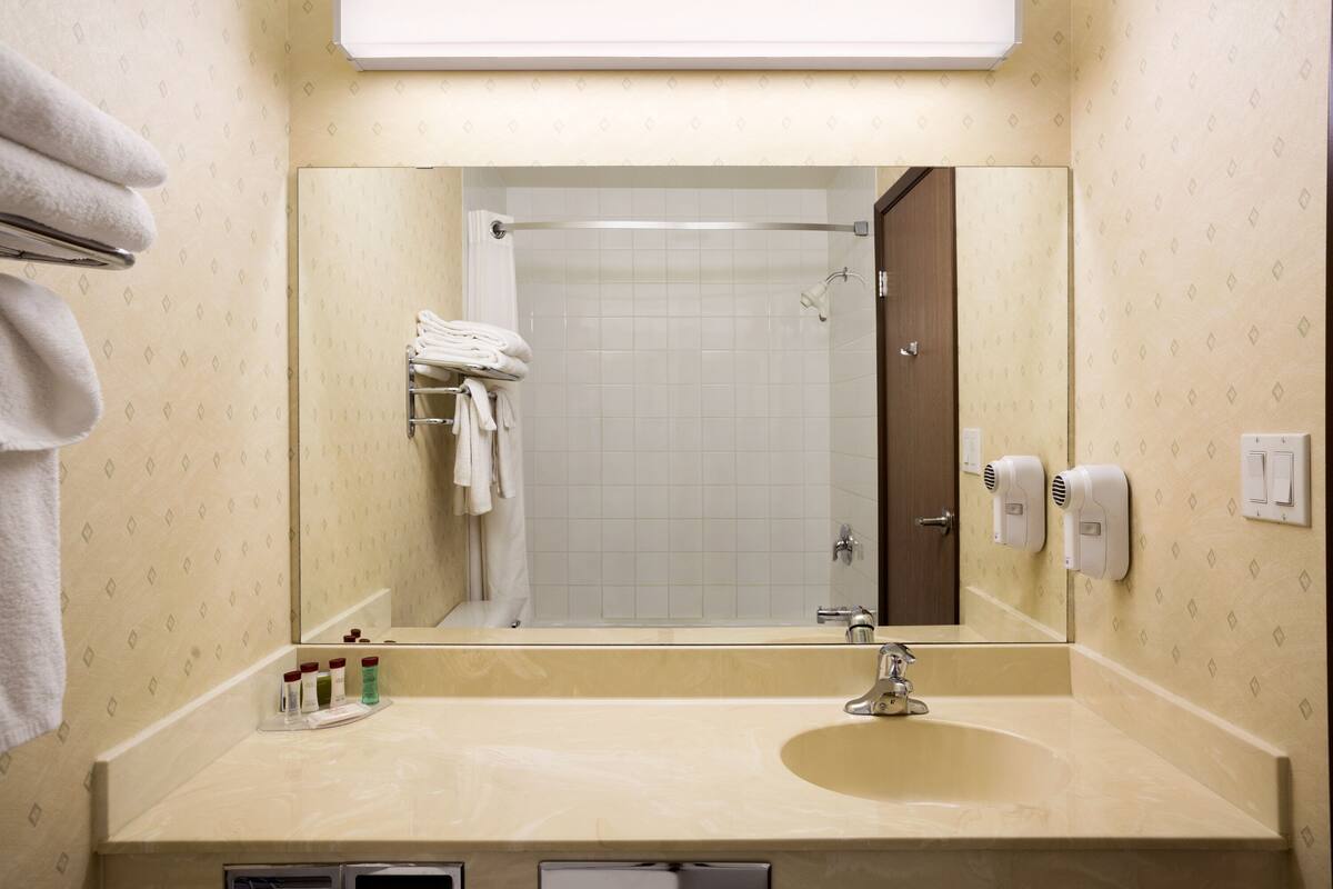 combined shower/bathtub, free toiletries, hair dryer, towels