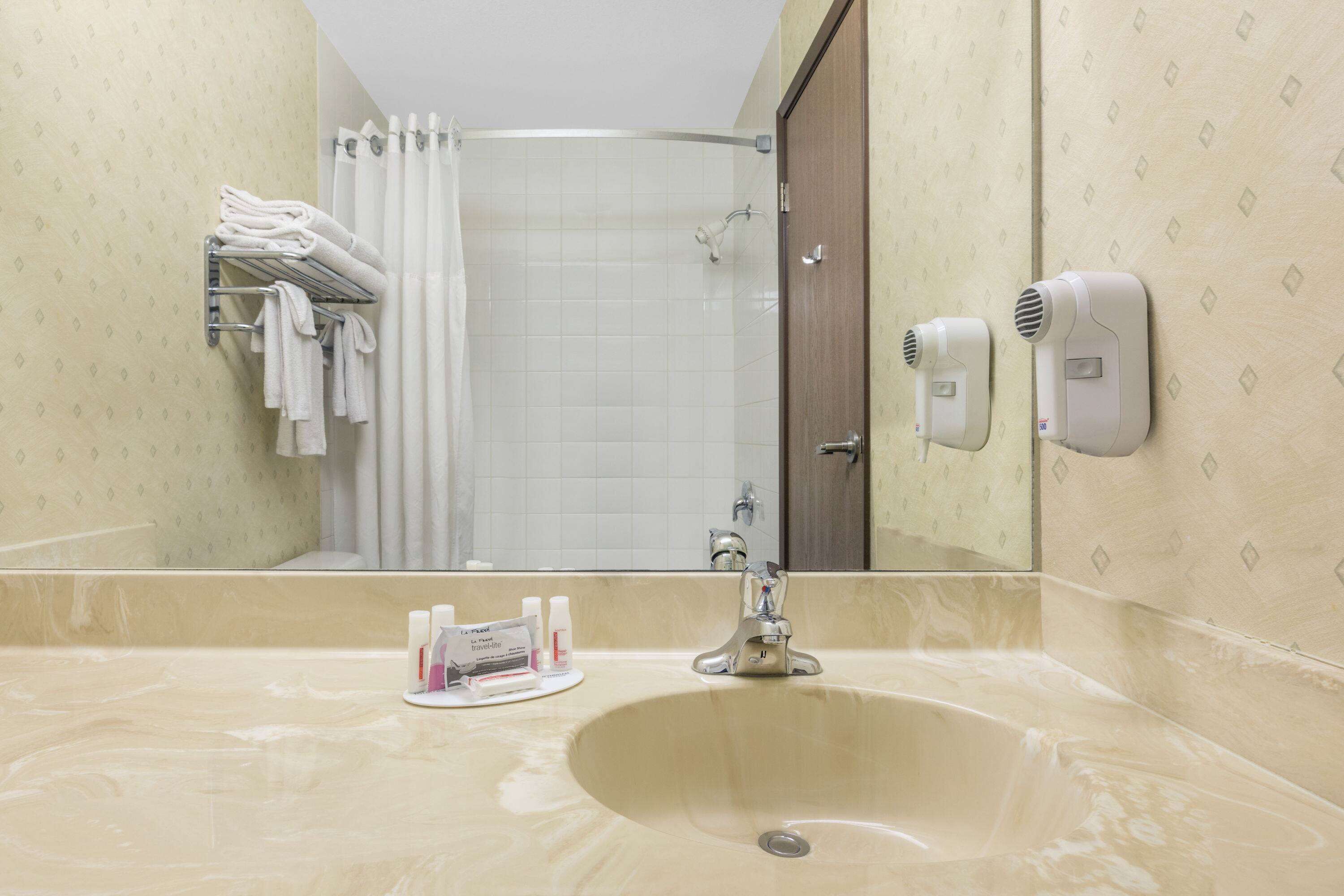 combined shower/bathtub, free toiletries, hair dryer, towels