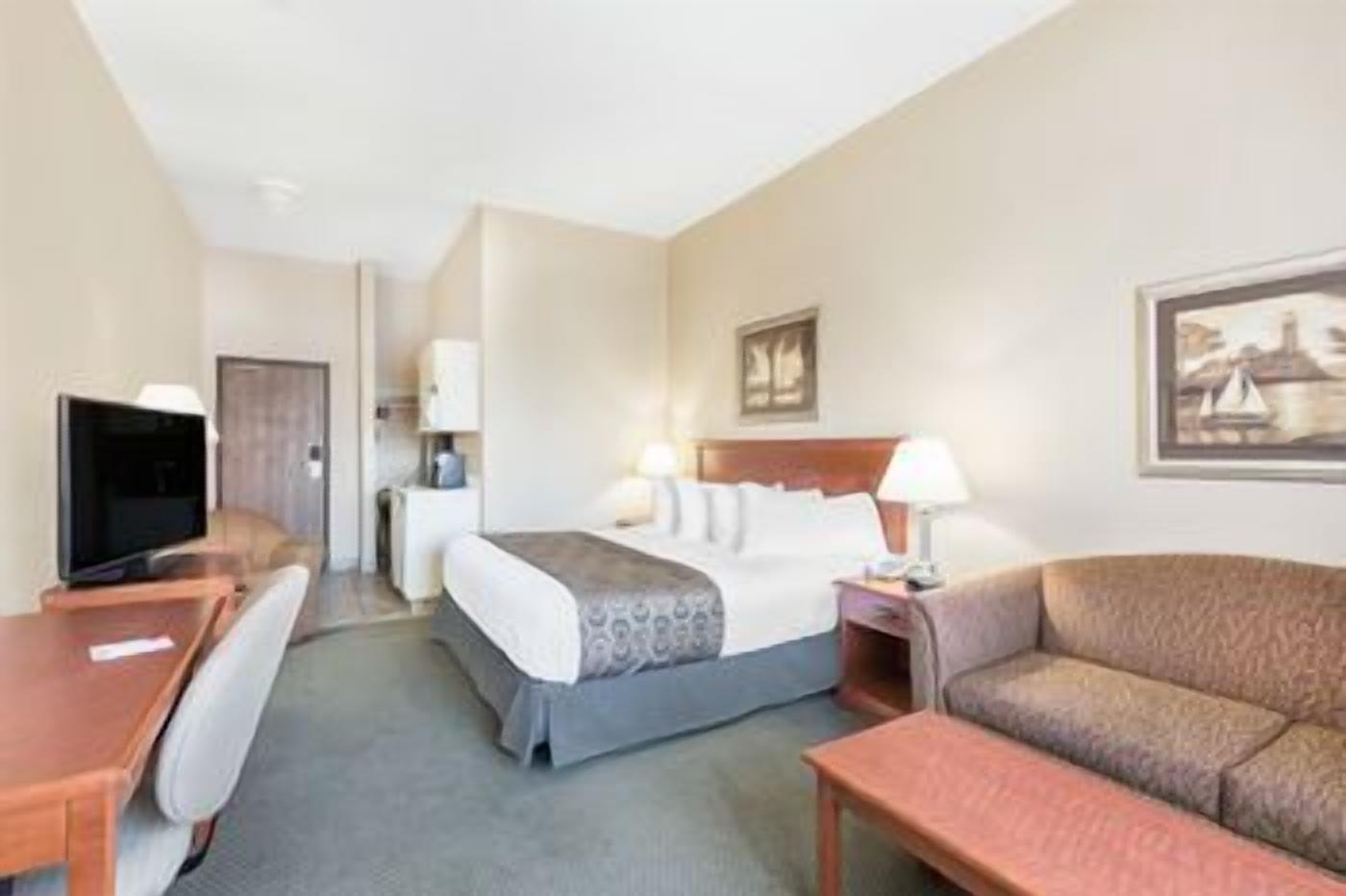 A hotel room with a bed, a desk, a chair, a TV, and a sofa.