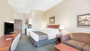 A hotel room with a bed, a desk, a chair, a TV, and a sofa.