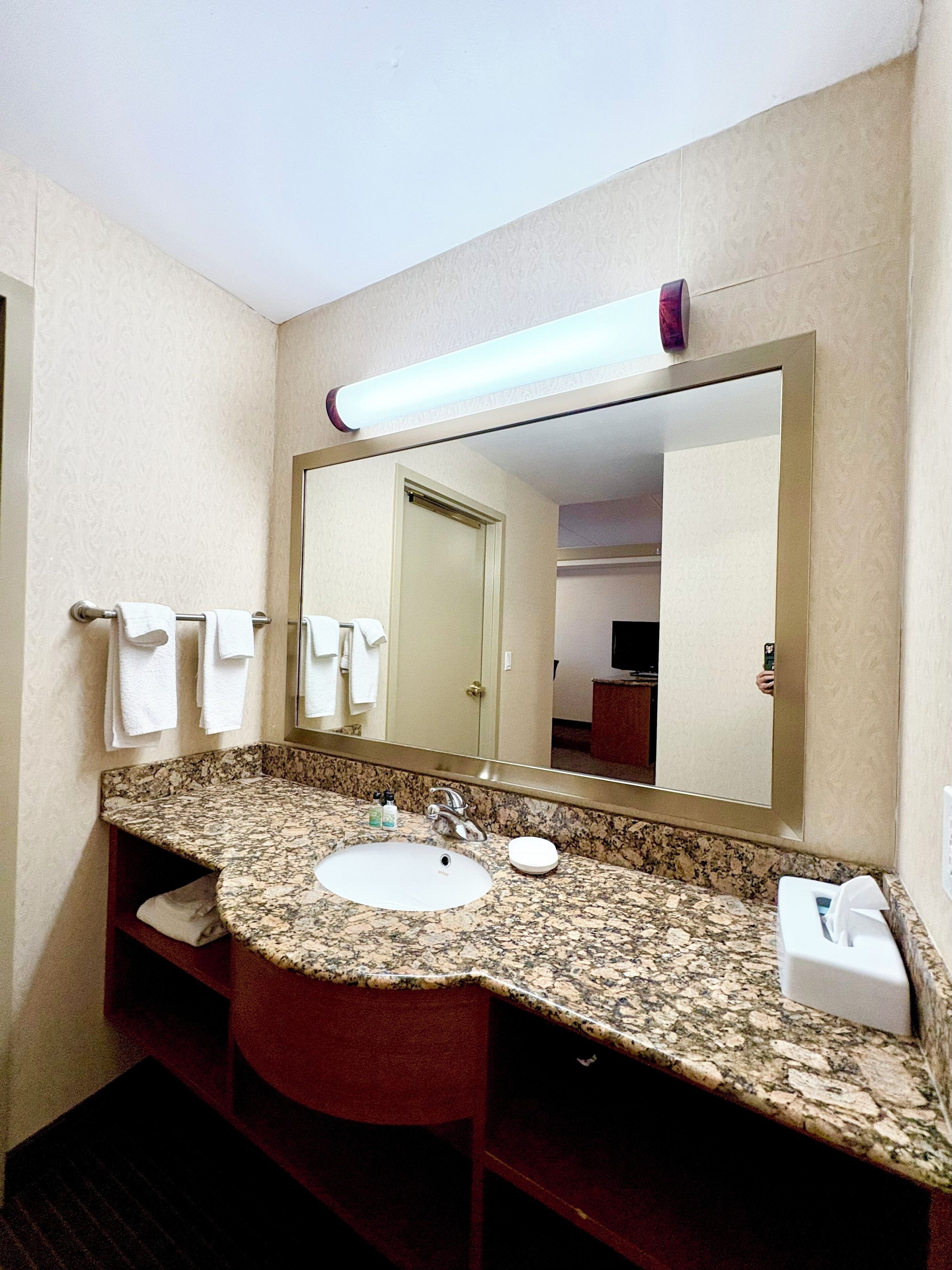 A bathroom with a granite countertop sink, a large mirror, and a towel rack with multiple white towels.