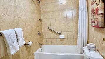 Un baño con bañera, inodoro y zona de ducha.