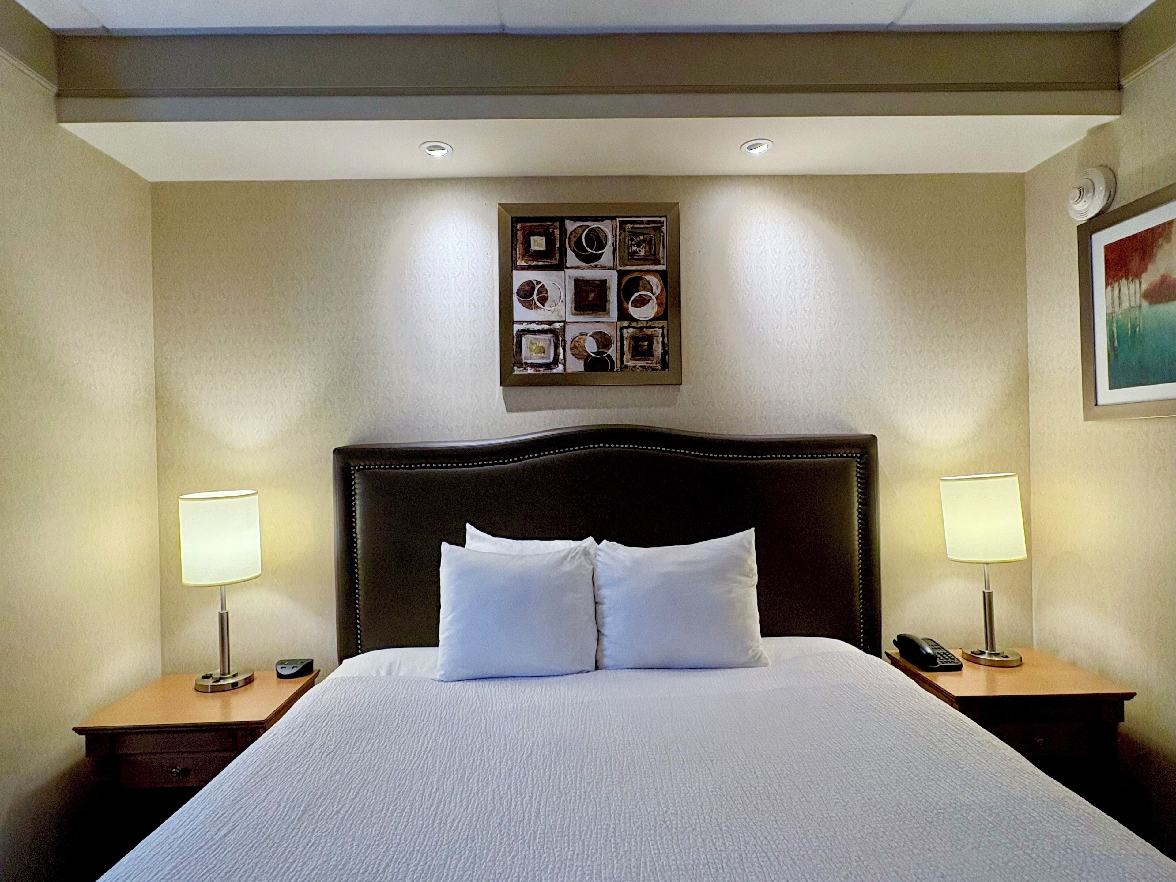 A hotel room with a large bed, two bedside tables with lamps, a wall-mounted picture, and a ceiling light.