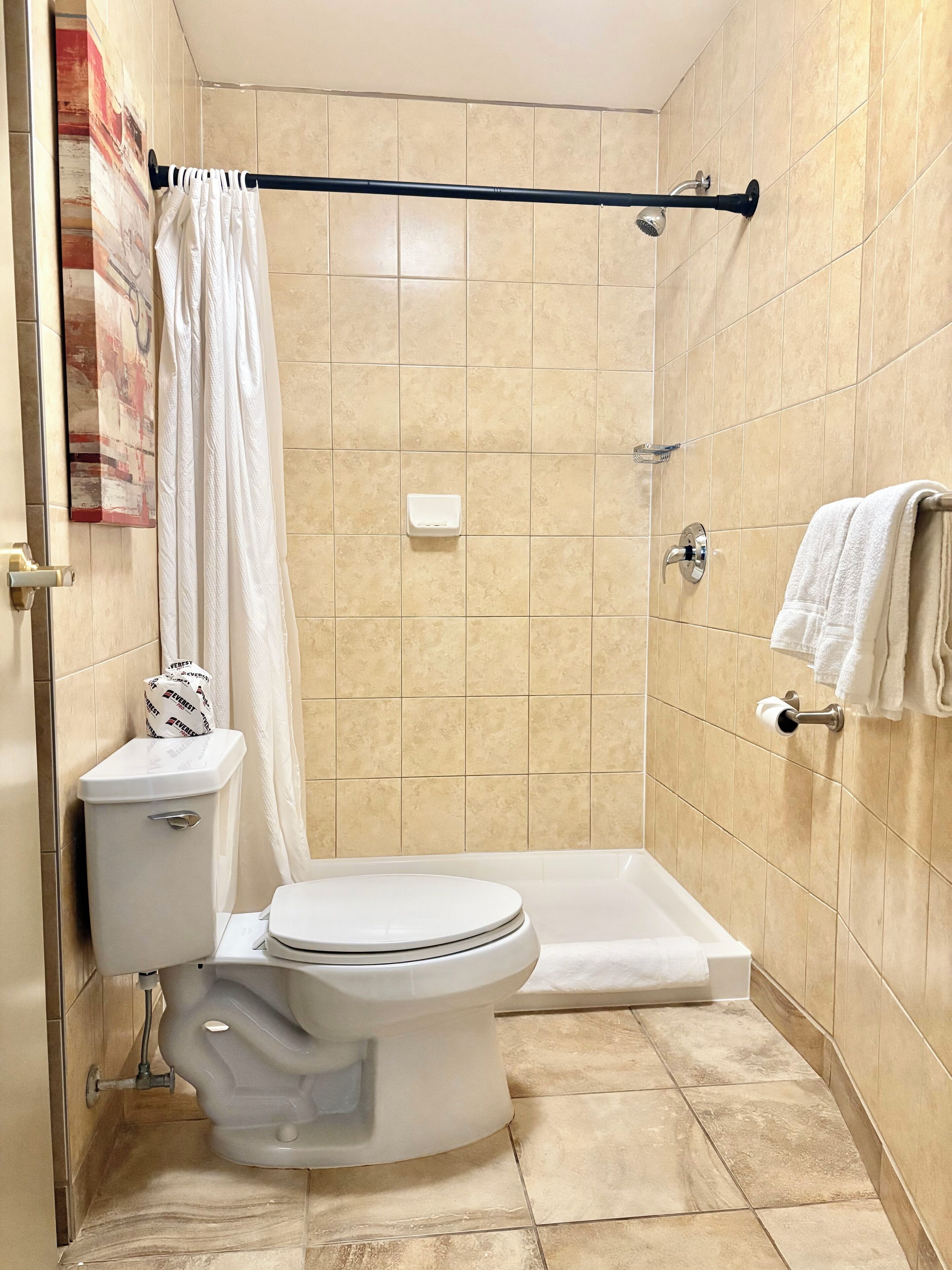 separate bathtub and shower, jetted bath, free toiletries, hair dryer