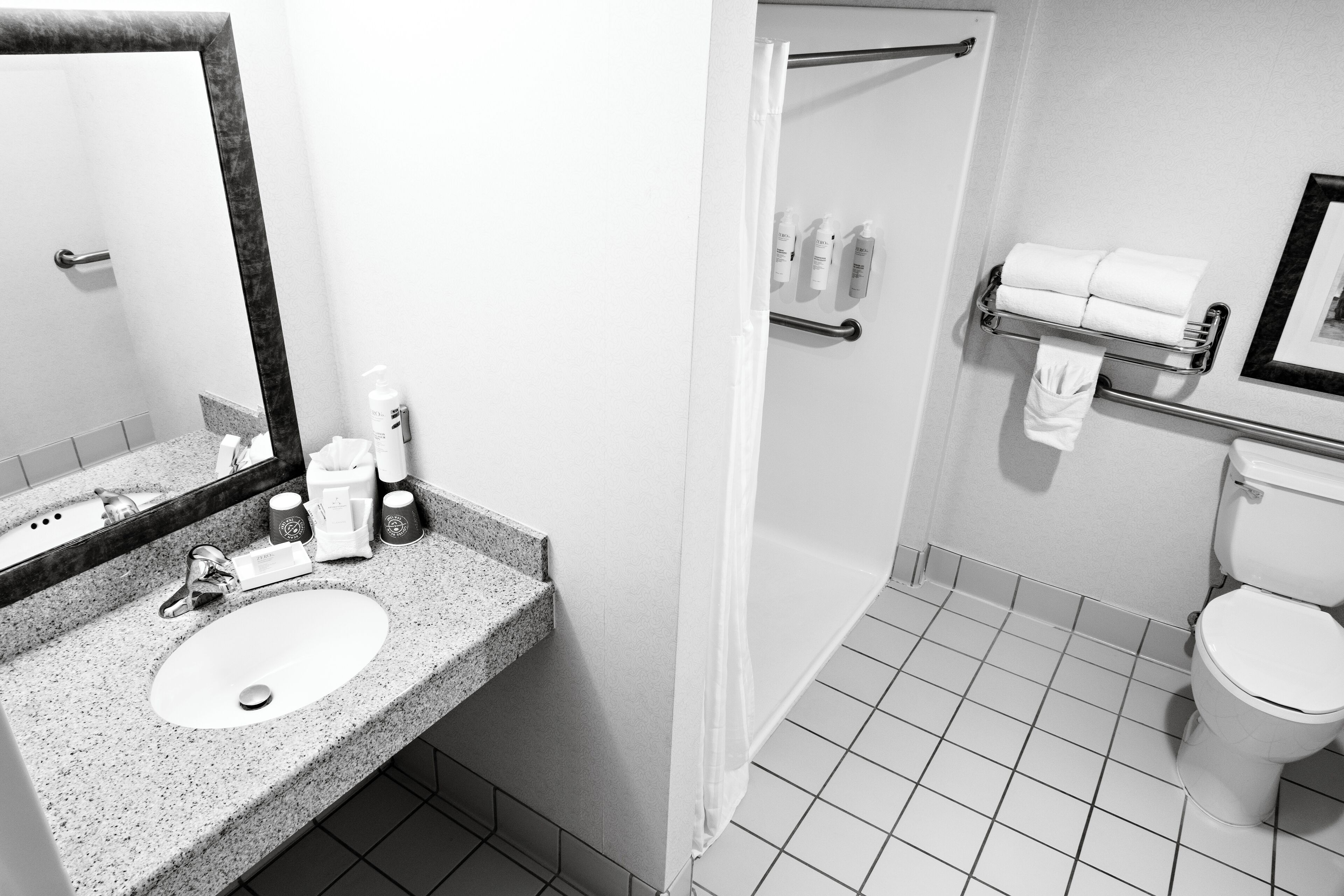 combined shower/bathtub, free toiletries, hair dryer, towels