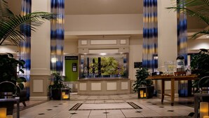 Un hall d’entrée agrémenté d’un lustre moderne, d’un comptoir de réception et de plantes en pot.