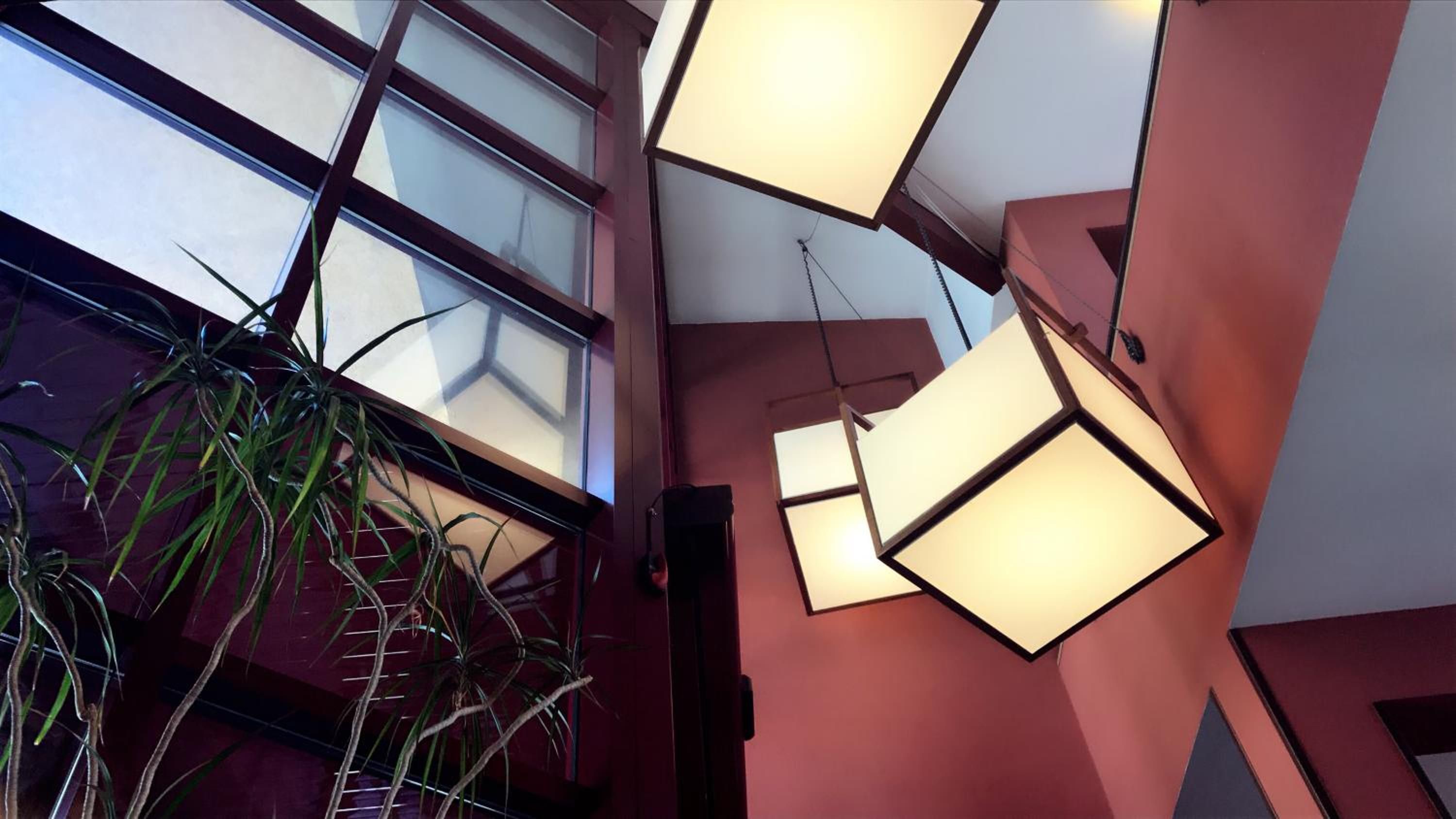 A modern interior with geometric light fixtures and a potted plant.