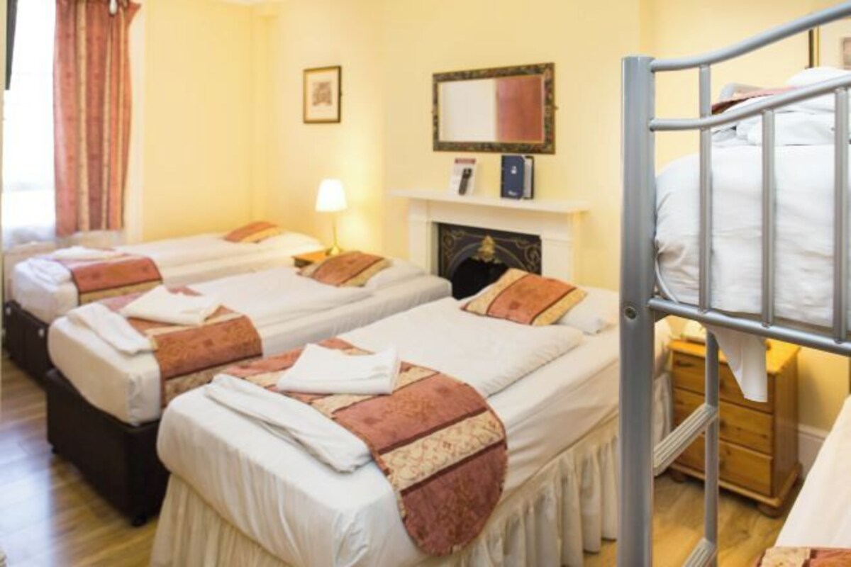 Een hotelkamer met twee enkele bedden, een open haard, een spiegel en een houten dressoir.
