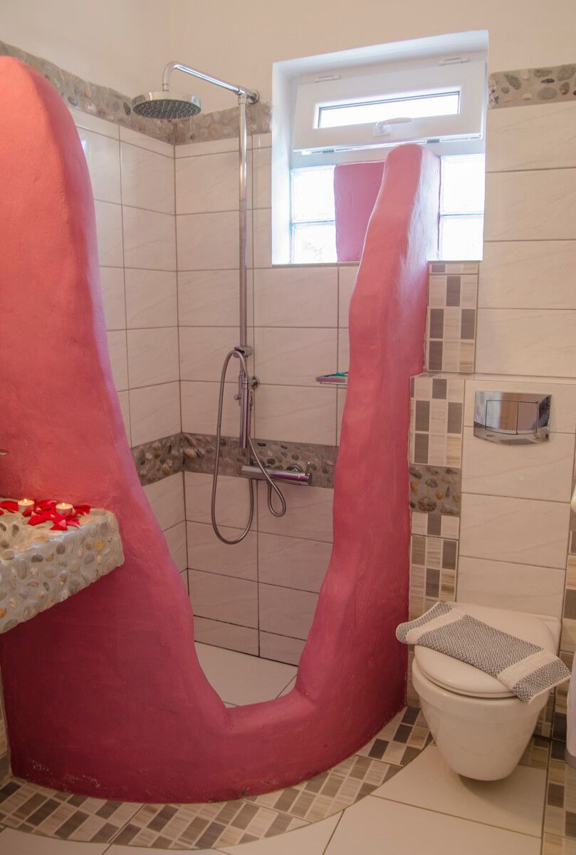 A bathroom with a shower, toilet, and a window.
