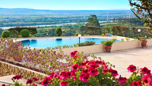 Piscina con vistas a un río y un paisaje distante, rodeada de plantas en macetas y flores.
