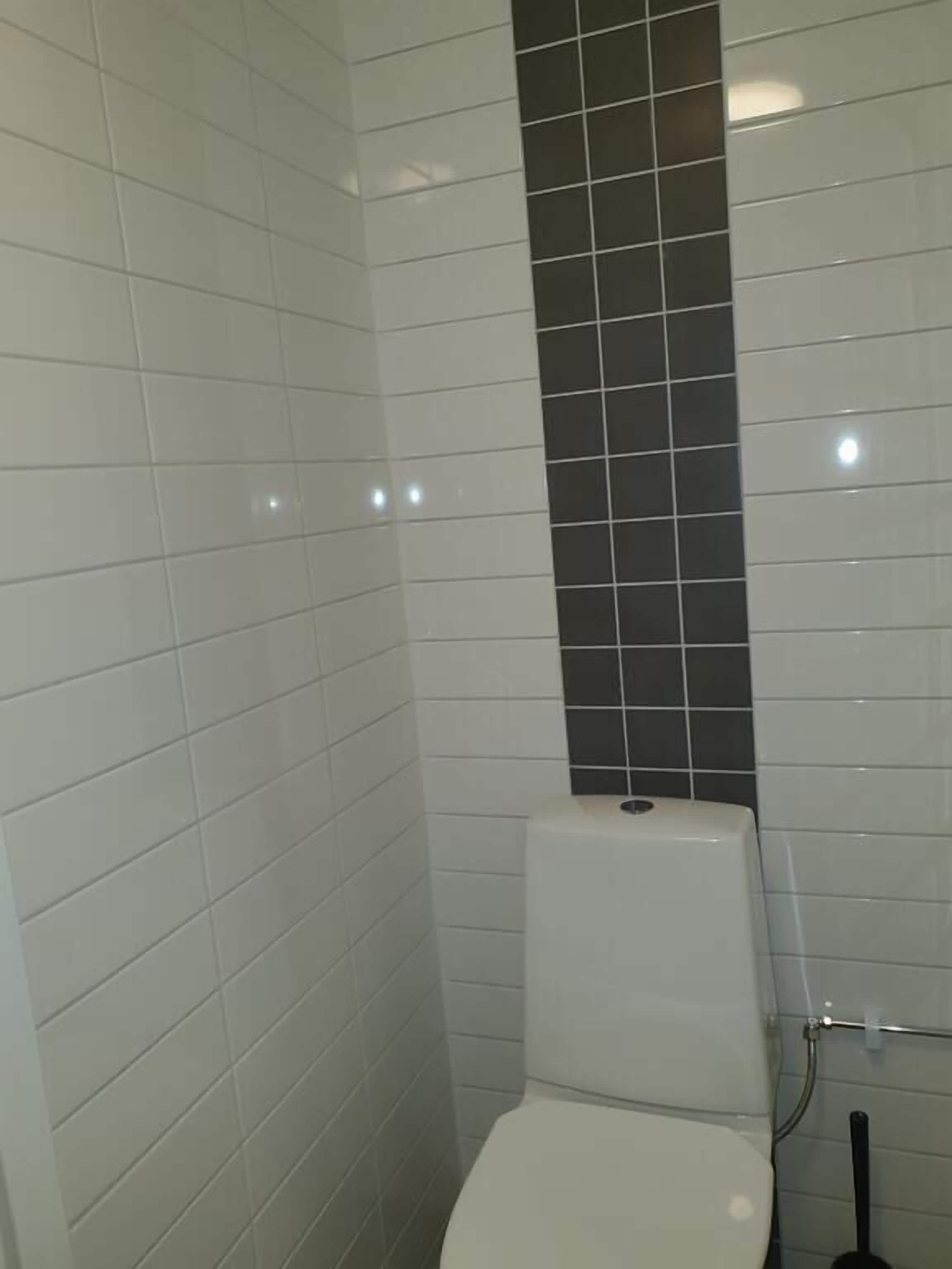 Une salle de bain avec des carreaux blancs et gris foncé, des toilettes blanches et une tuyauterie apparente.