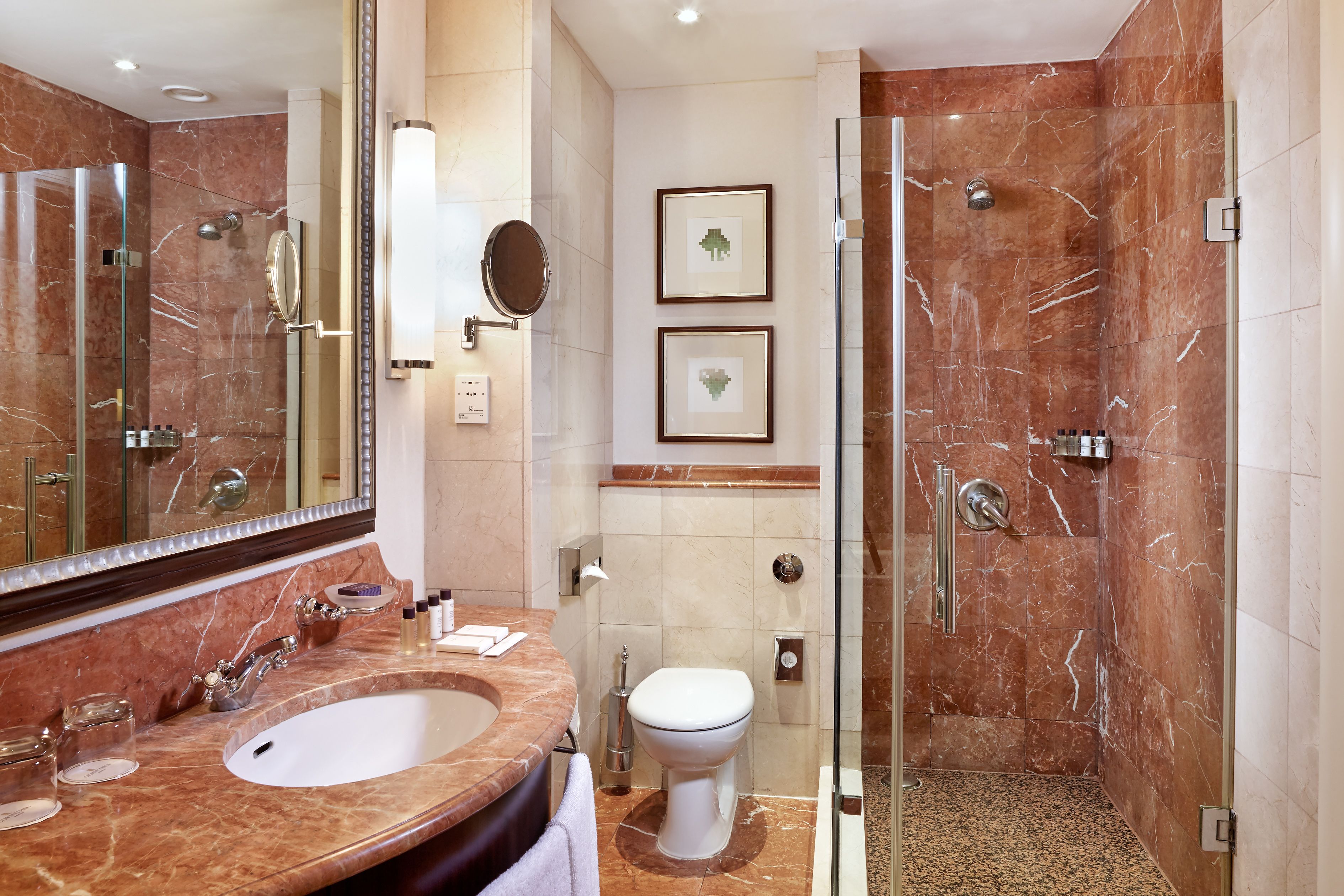 Une salle de bain moderne avec un lavabo en marbre, une douche en verre et deux tableaux encadrés au mur.