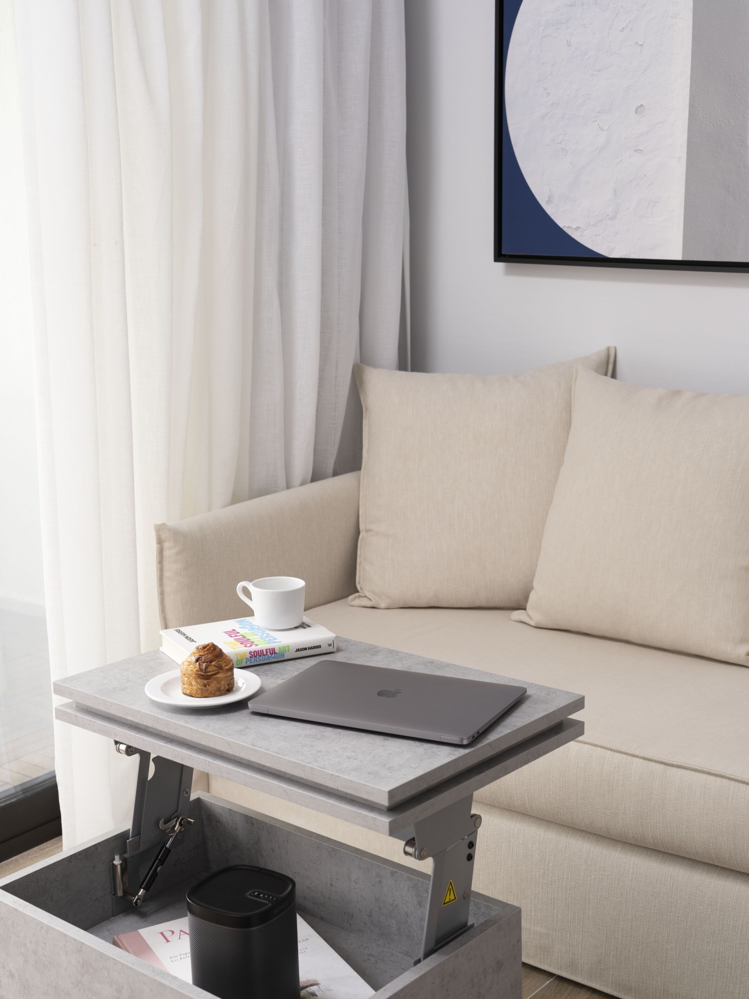 A modern living room with a grey sofa, a coffee table with a laptop, a book, and a pastry.