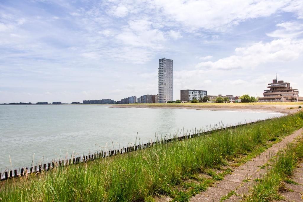 A waterfront view with a tall building, a shorter building, and a grassy area.