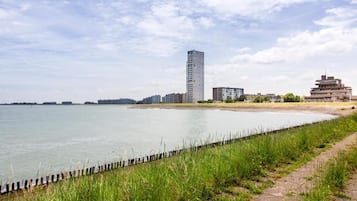 A waterfront view with a tall building, a shorter building, and a grassy area.