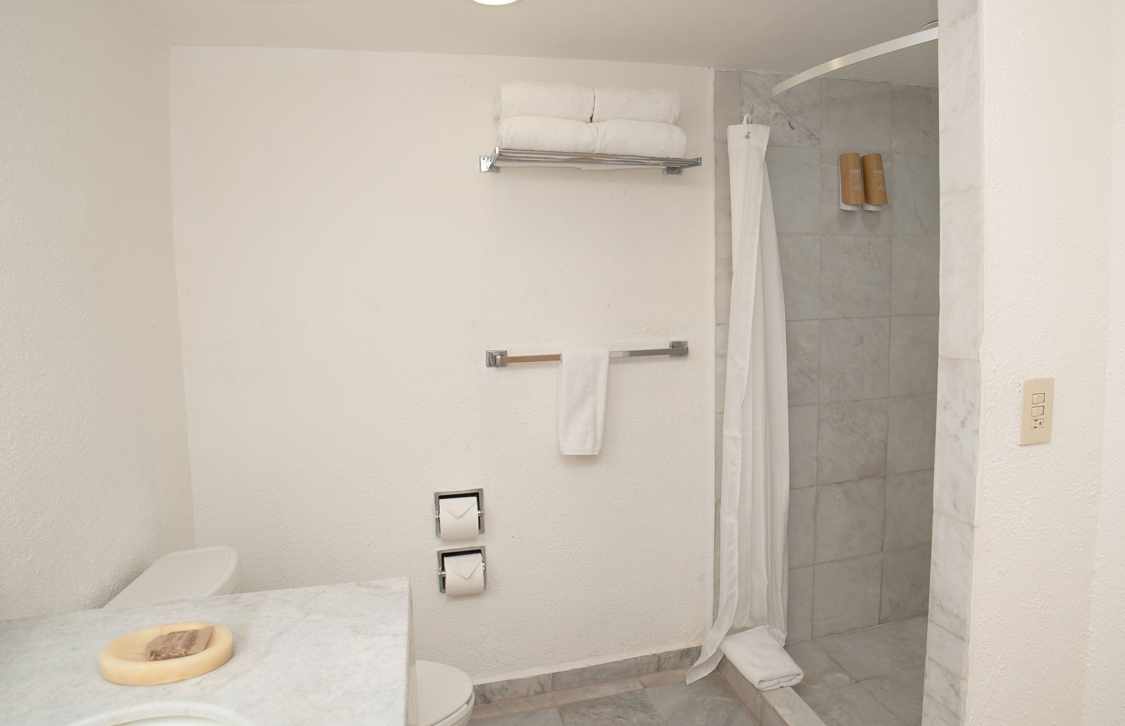 Un baño con inodoro, lavamanos, ducha con puerta de vidrio y toalleros.
