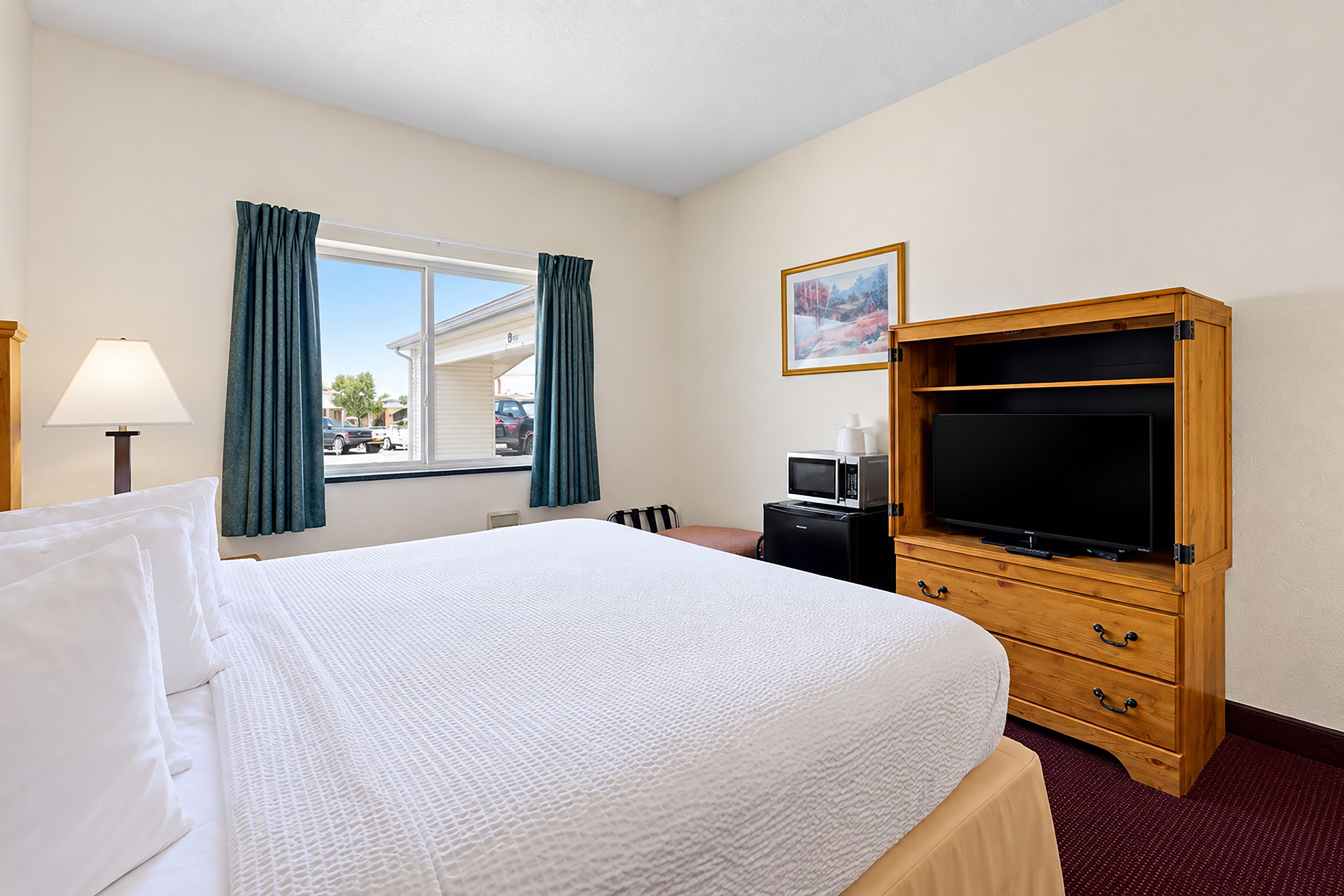 Une chambre d’hôtel avec un lit, une télévision, un four à micro-ondes et un tableau au mur.