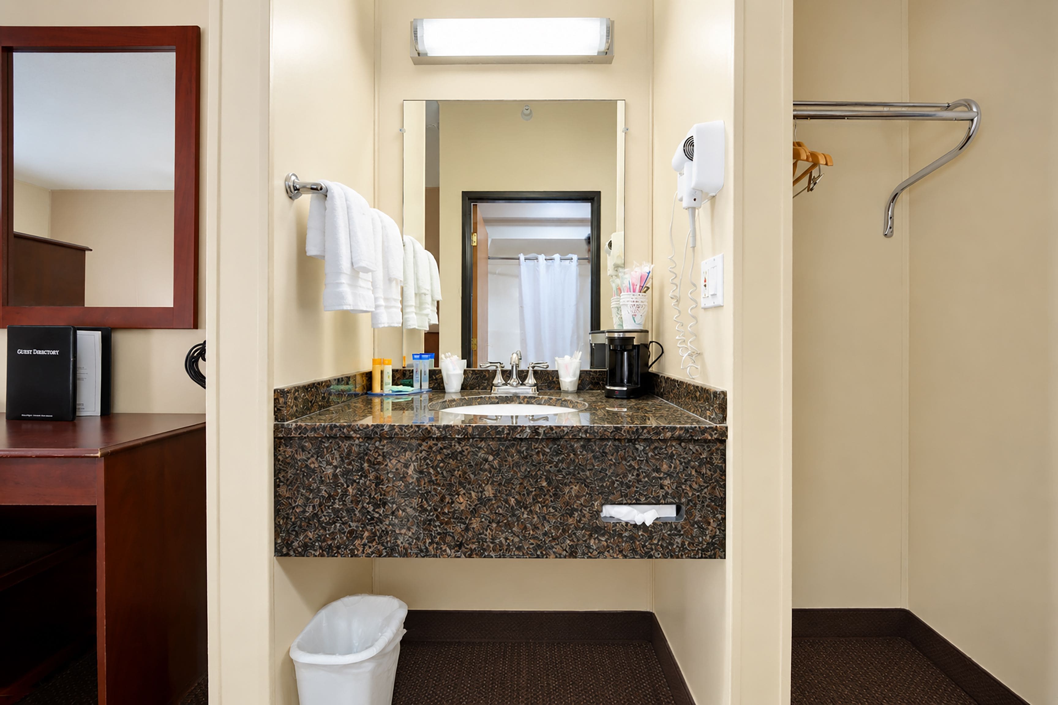 Une salle de bain d’hôtel avec un lavabo doté d’un plan de travail en granit, un miroir, un porte-serviettes, une poubelle et un espace douche équipé d’une barre d’appui.