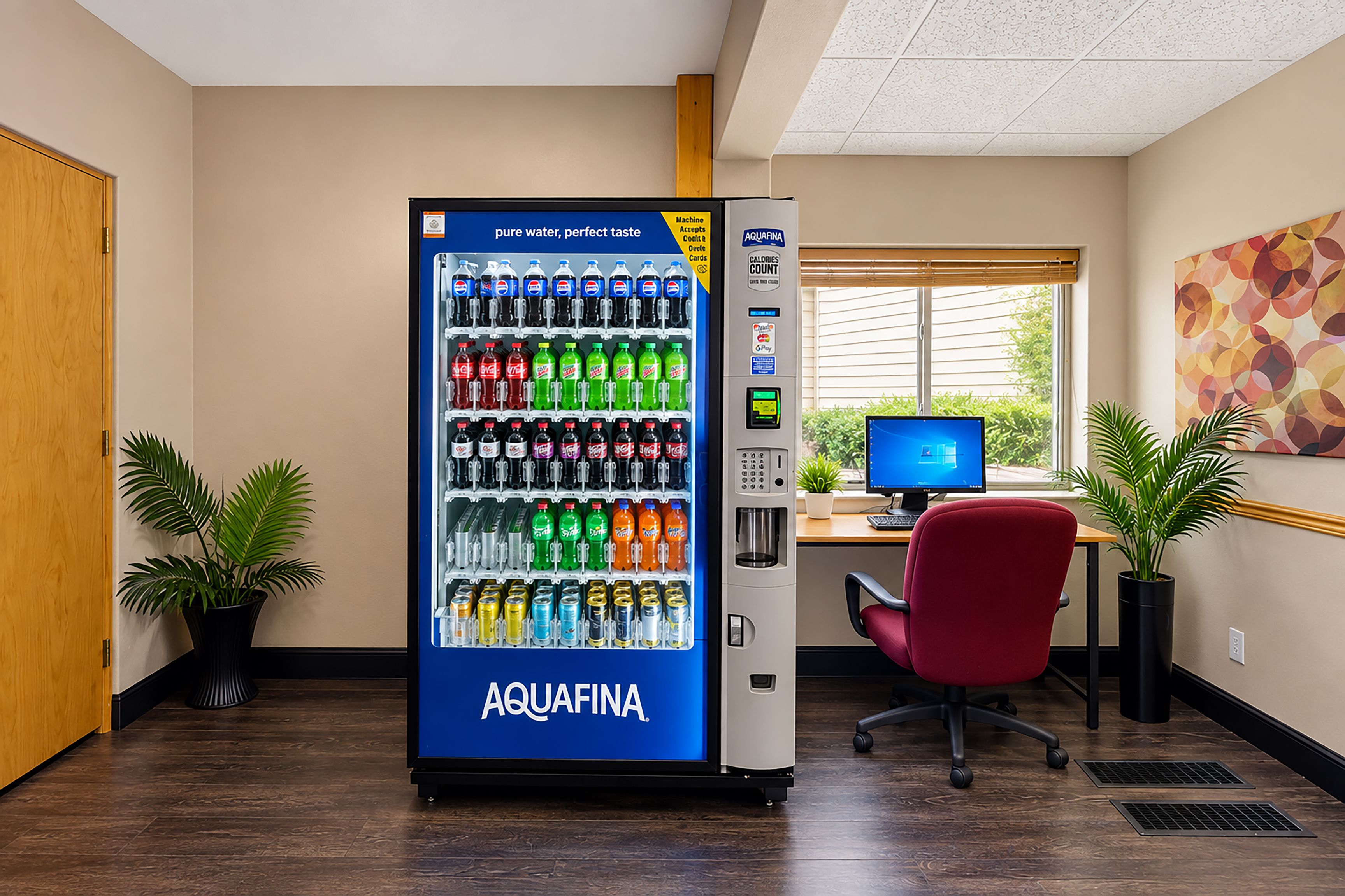 A vending machine stocked with various beverages, a desk with a computer, and a red office chair in a room with wooden flooring and potted plants.