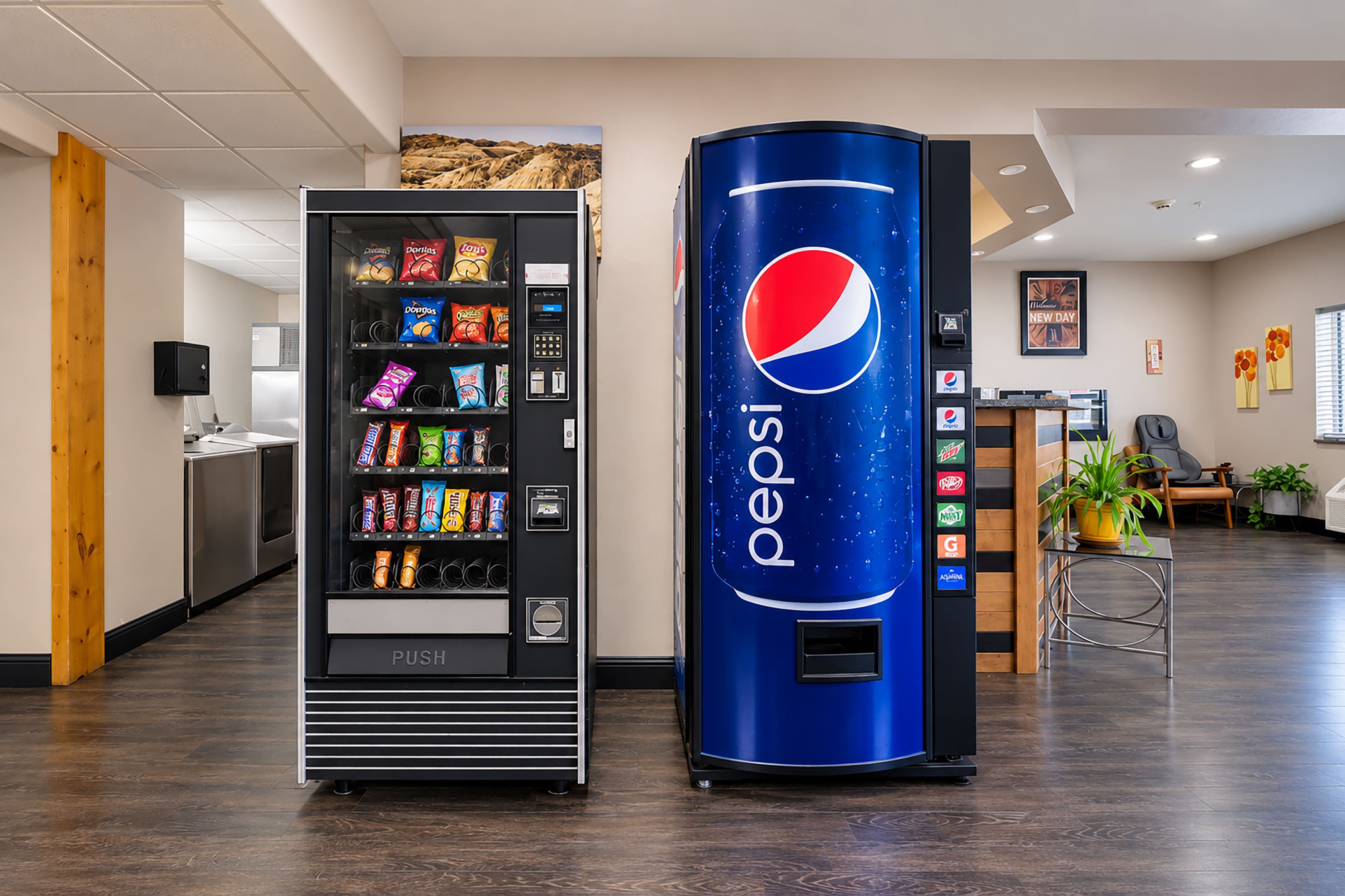 Een automaat met een Pepsi logo en een automaat voor diverse snacks.