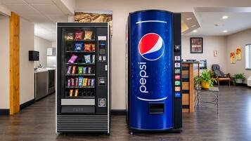 Een automaat met een Pepsi logo en een automaat voor diverse snacks.