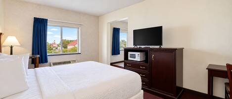 A hotel room with a bed, a television, a microwave, a desk, and a chair.
