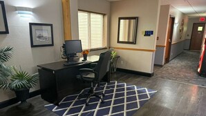 A hotel lobby with a reception desk, computer, chair, potted plant, and a patterned rug.